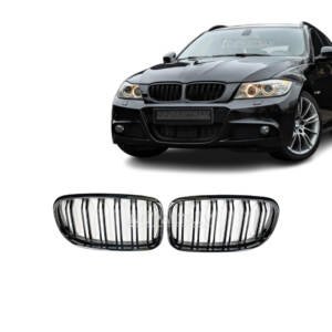 BMW E90 / E91 LCI M Style priekšējās restes. dubultās nāsis, melnas glancētas