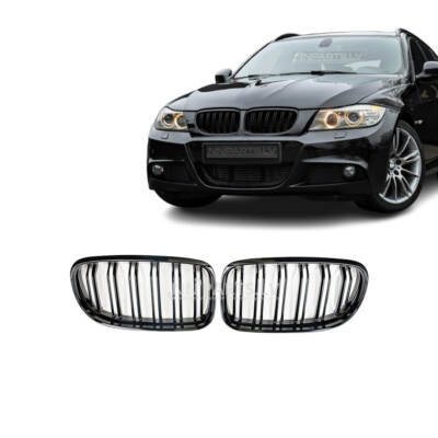 BMW E90 / E91 LCI M Style priekšējās restes. dubultās nāsis, melnas glancētas