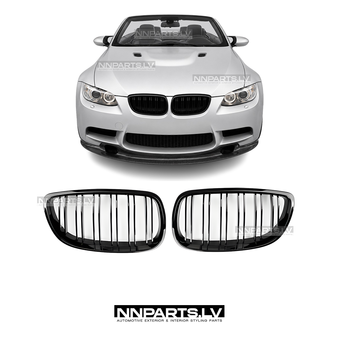 BMW E92 / E93 Pre-LCI M Style priekšējās restes BMW E92 / E93 Pre-LCI M Style priekšējās restes, dubultās nāsis, melns glancētas tuning detaļas uz auto
