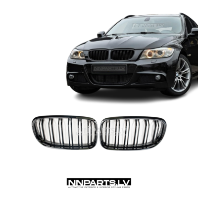 Double Slat front grille set for BMW E90 / E91 LCI, black gloss tuning parts one the car