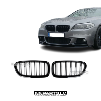 BMW F10 / F11 M Style priekšējās restes, dubultās nāsis, melnas, glancētas tuning detaļas uz auto