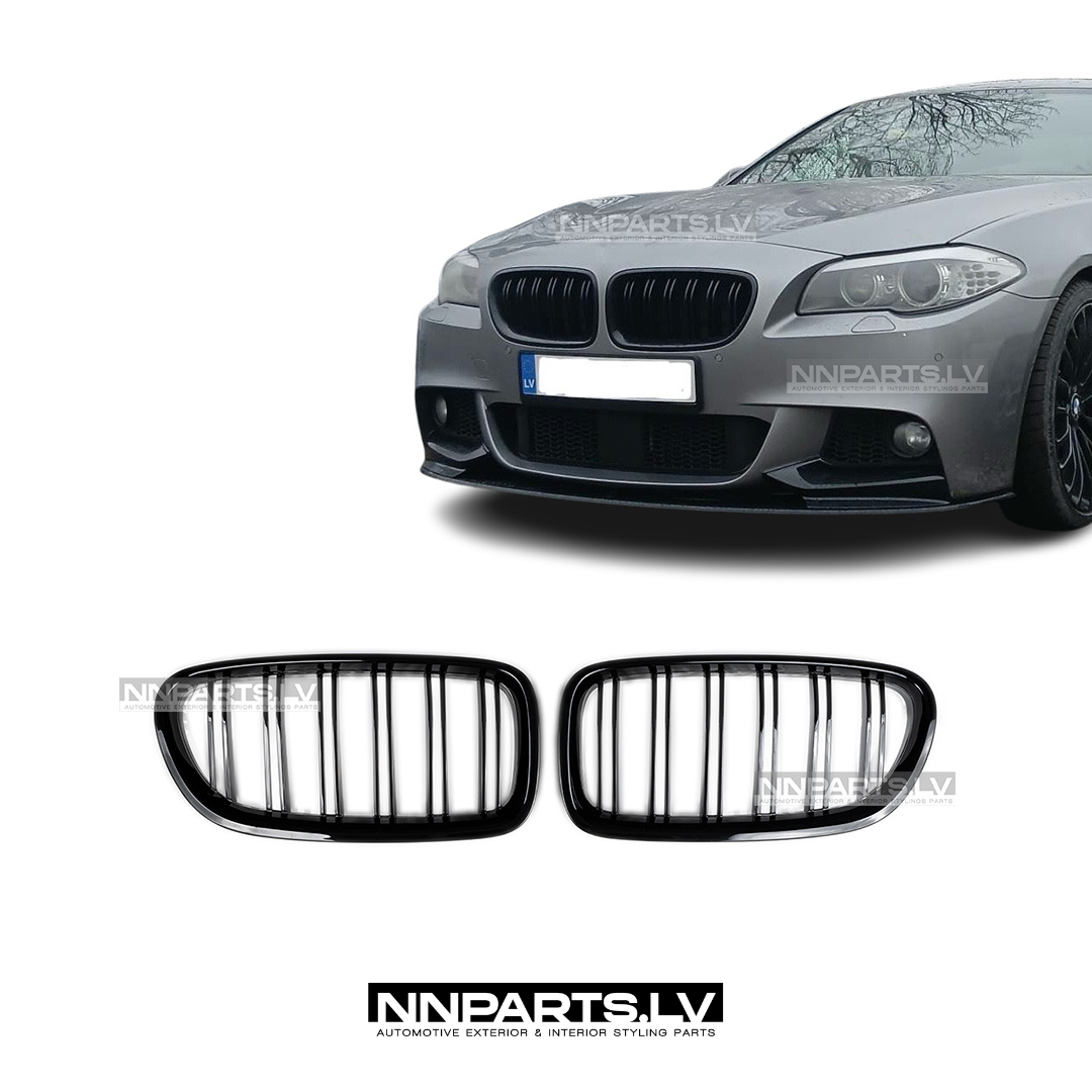 BMW F10 / F11 M Style priekšējās restes, BMW F10 / F11 M Style priekšējās restes, dubultās nāsis, melnas, glancētas tuning detaļas uz auto