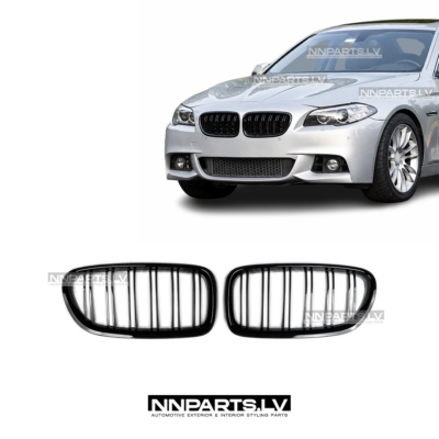 BMW F10 / F11 M Style priekšējās restes, dubultās nāsis, melnas, glancētas tuning detaļas uz auto