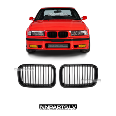 BMW E36 Pre-LCI M3 Style priekšējās restes, nāsis, melnas, glancētas tuning detaļas uz auto pa vidu