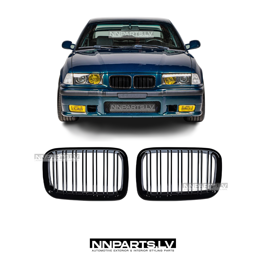 BMW E36 Pre LCI M Style priekšējās restes BMW E36 Pre LCI M Style priekšējās restes, nāsis, melnas, glancētas tuning detaļas uz auto