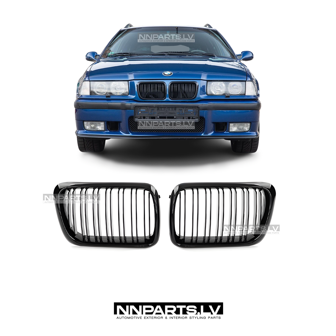 BMW E36 LCI M Style priekšējās restes BMW E36 LCI M Style priekšējās restes, nāsis, melnas, glancētas tuning detaļas uz auto