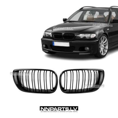 BMW E46 Sedan Touring LCI M Style priekšējās restes, nāsis, melnas, glancētas tuning detaļas no prriekšpuses uz auto