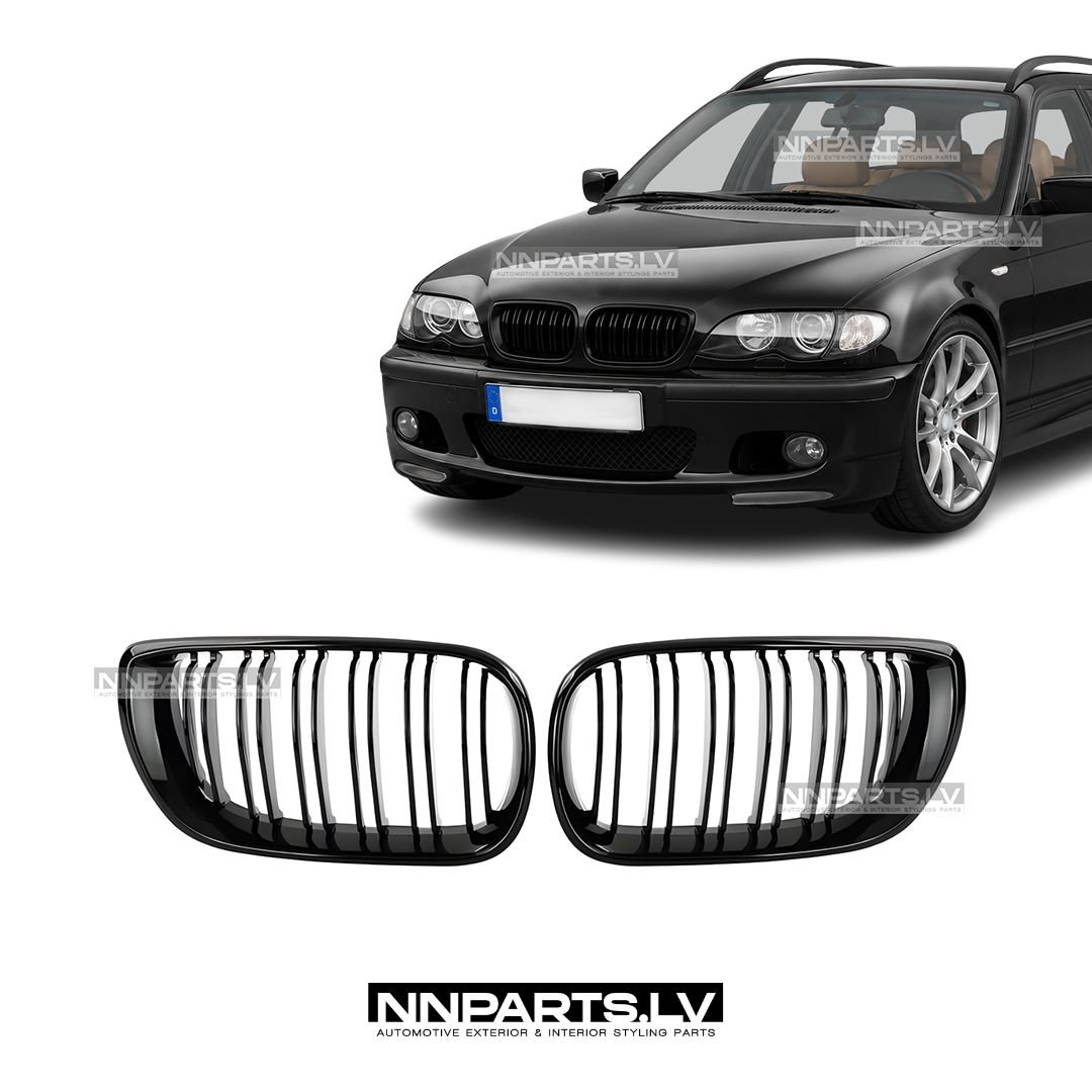 BMW E46 Sedan / Touring LCI M Style priekšējās restes BMW E46 Sedan Touring LCI M Style priekšējās restes, nāsis, melnas, glancētas tuning detaļas no prriekšpuses uz auto