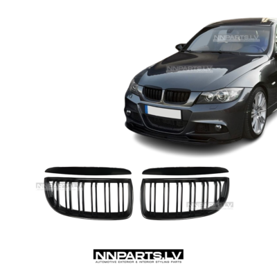 BMW E90 / E91 Pre-LCI M Style priekšējās restes, nāsis, dubultās melnas glancētas tuning detaļas