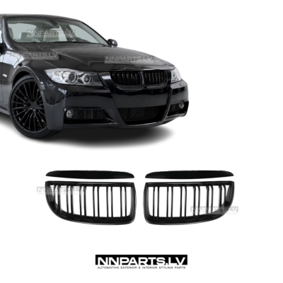 BMW E90 / E91 Pre-LCI M Style priekšējās restes, nāsis, dubultās melnas glancētas tuning detaļas