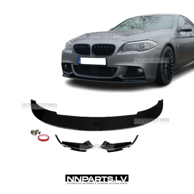 BMW F10 / F11 M Sport priekšējā bampera uzlika, lūpa, melna glancēta tuning detaļa ar splitteriem un skrūvēm uz auto