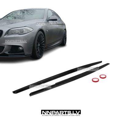 BMW F10 / F11 M Sport sliekšņu uzlikas, melnas, glancētas tuning detaļas ar skrūvēm un līmlenti uz auto
