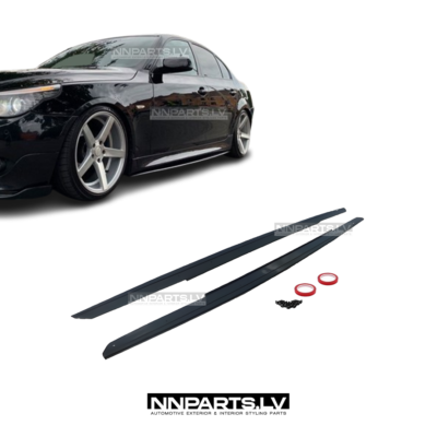 BMW E60 / E61 M Sport sliekšņu uzlikas, melnas, glancētas tuning detaļas ar skrūvēm un līmlenti