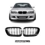 BMW E46 Coupe / Cabrio Pre-LCI M Style priekšējās restes, dubultās nāsis, melnas, glancētas tuning detaļas uz auto no priekšas