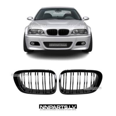 BMW E46 Coupe / Cabrio Pre-LCI M Style priekšējās restes, dubultās nāsis, melnas, glancētas tuning detaļas uz auto no priekšas