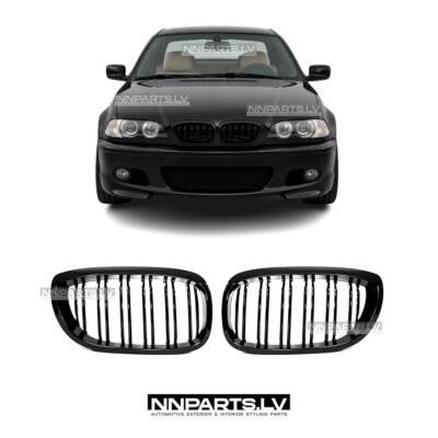 BMW E46 Coupe / Cabrio LCI M Style priekšējās restes, dubultās nāsis, melnas, glancētas tuning detaļas priekš 3.sērijas uz auto no priekšas
