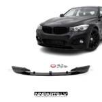 BMW F34 GT M Sport priekšējā bampera uzlika, lūpa, melna glancēta tuning detaļa no priekšas uz auto