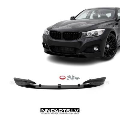 BMW F34 GT M Sport priekšējā bampera uzlika, lūpa, melna glancēta tuning detaļa no priekšas uz auto
