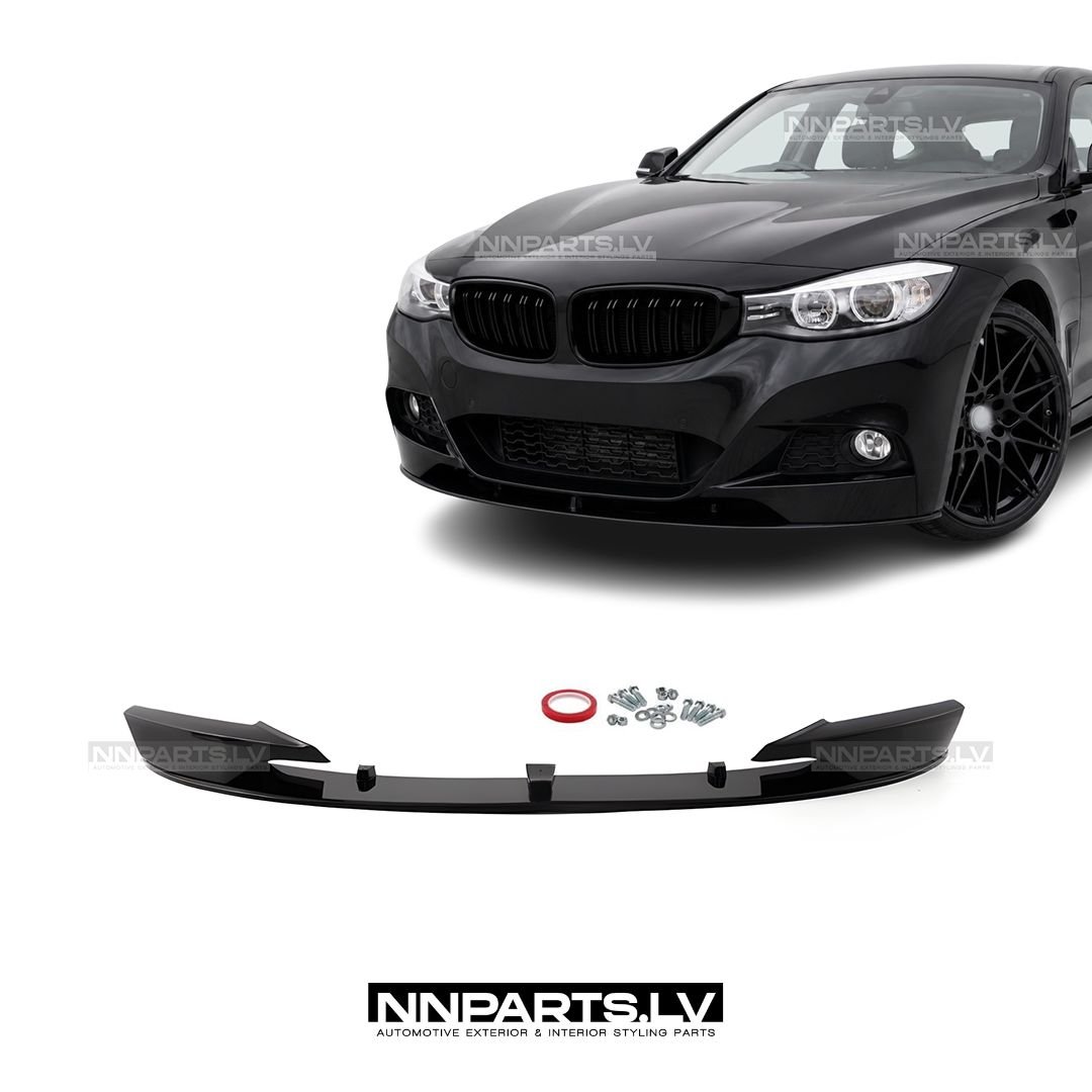 BMW F34 GT M Sport priekšējā bampera uzlika BMW F34 GT M Sport priekšējā bampera uzlika, lūpa, melna glancēta tuning detaļa no priekšas uz auto