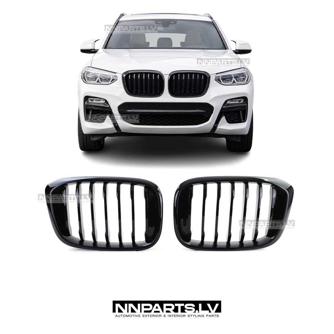 BMW G01 X3 / G02 X4 Pre-LCI priekšējās restes BMW G01 X3 / G02 X4 Pre-LCI priekšējās restes, nāsis, melnas, glancētas tuning detaļas uz auto