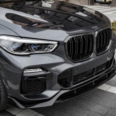 BMW X5 G05 Pre-LCI Aero Performance priekšējā bampera uzlika, lūpa, splitteris, melna, glancēta tuning detaļa uz auto pa labi