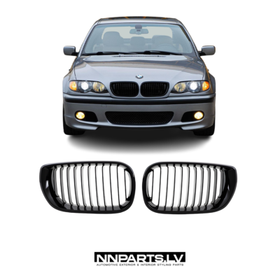 BMW E46 Sedan / Touring LCI priekšējās restes, nāsis, melnas, glancētas tuning detaļas uz auto