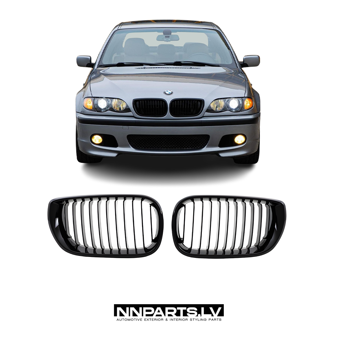 BMW E46 Sedan / Touring LCI priekšējās restes BMW E46 Sedan / Touring LCI priekšējās restes, nāsis, melnas, glancētas tuning detaļas uz auto