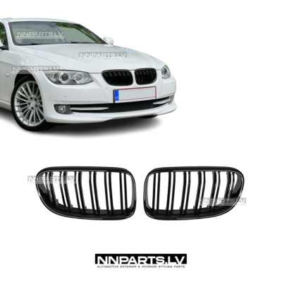 BMW E92 / E93 LCI M Style priekšējās restes, dubultās nāsis, melnas, glancētas no priekšas uz auto