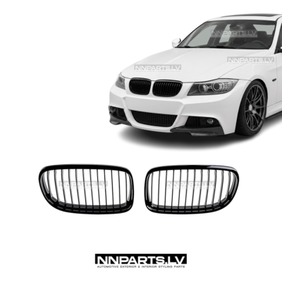 BMW E90 / E91 LCI priekšējās restes, nāsis, melnas, glancētas, tuning detaļas uz auto