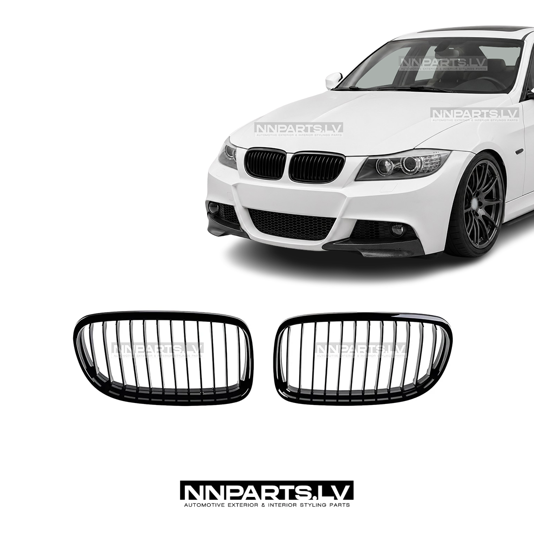 BMW E90 / E91 LCI priekšējās restes BMW E90 / E91 LCI priekšējās restes, nāsis, melnas, glancētas, tuning detaļas uz auto