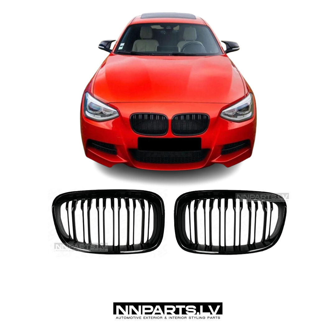 BMW F20 / F21 Pre-LCI M Style priekšējās restes BMW F20 / F21 Pre-LCI M Style priekšējās restes, dubultās nāsis, melnas, glancētas