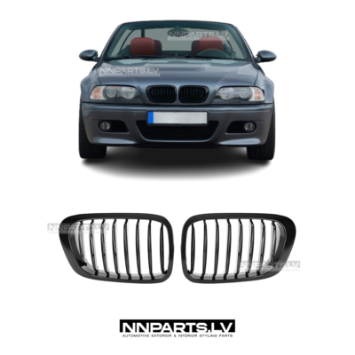 BMW E46 Coupe / Cabrio Pre-LCI priekšējās restes, nāsis, black gloss, melnas, glancētas tuning detaļas uz auto