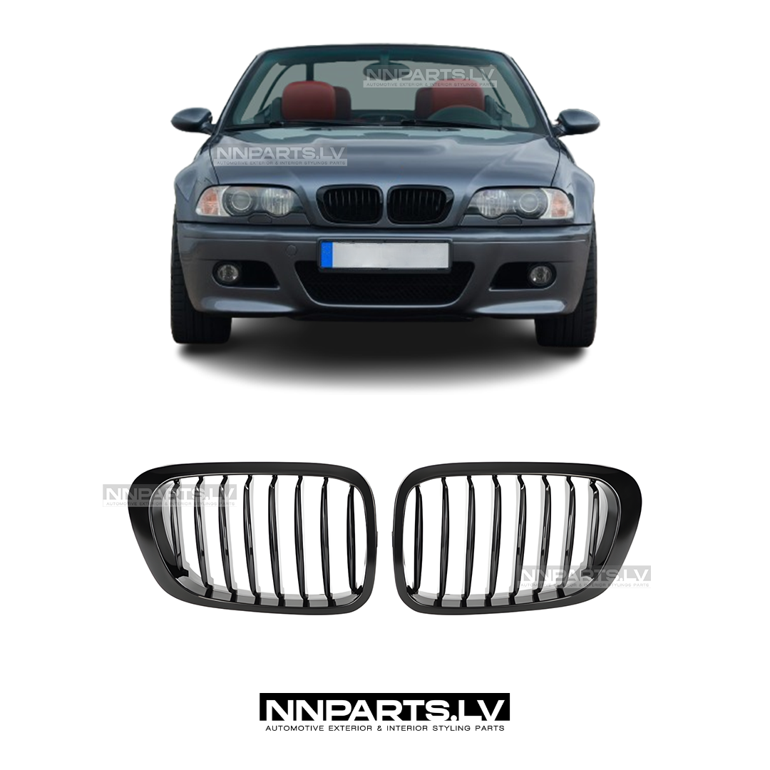 BMW E46 Coupe / Cabrio Pre-LCI priekšējās restes, black gloss BMW E46 Coupe / Cabrio Pre-LCI priekšējās restes, nāsis, black gloss, melnas, glancētas tuning detaļas uz auto