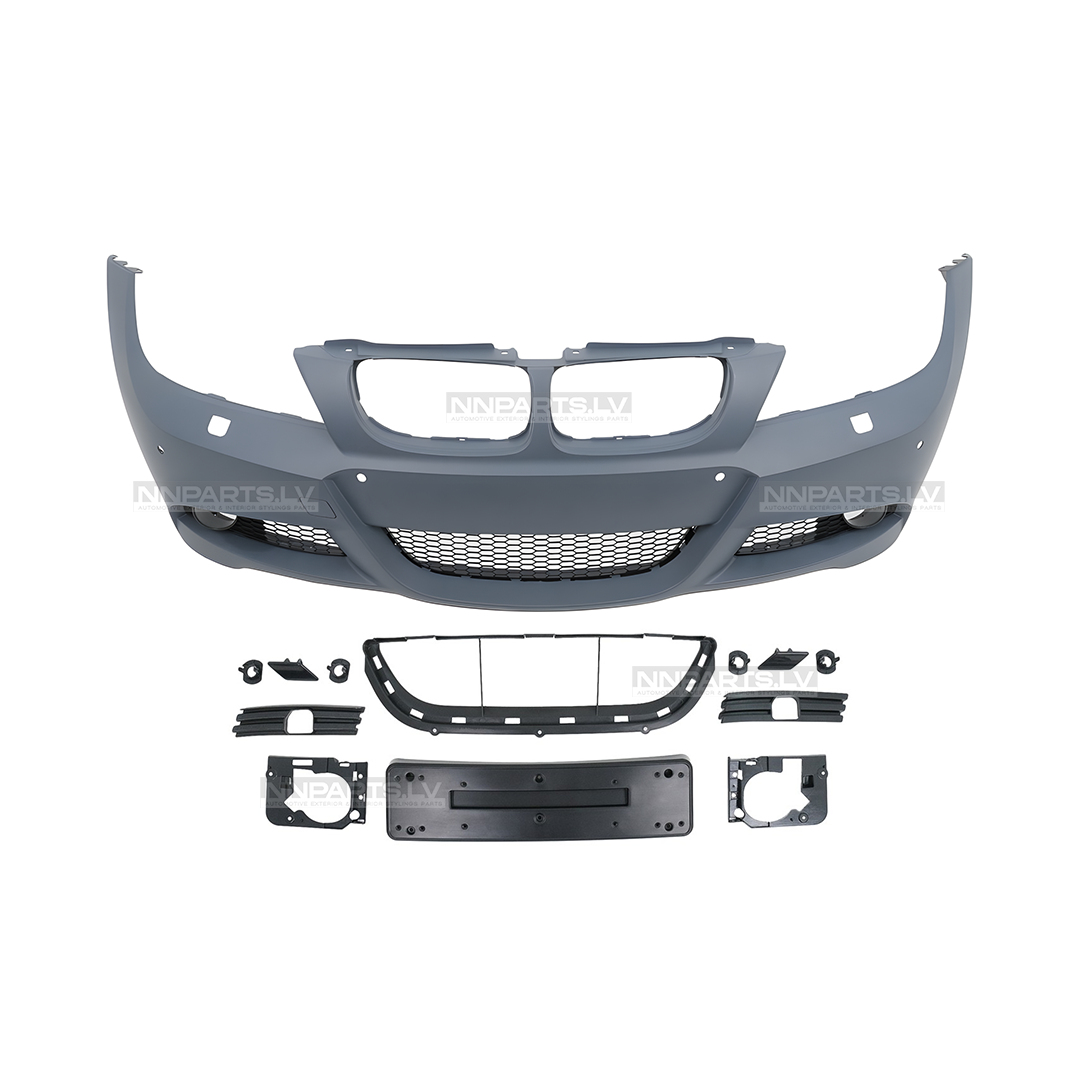 BMW E90 / E91 LCI M Sport priekšējais bamperis ar PDC (09-12) BMW E90 / E91 LCI M Sport priekšējais bamperis ar PDC (09-12), ar restēm, pelēks, gruntēts, facelift modelim