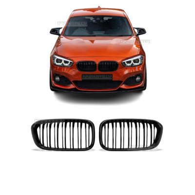 BMW F20 / F21 LCI M Style priekšējās restes, dubultās nāsis, melnas, glancētas