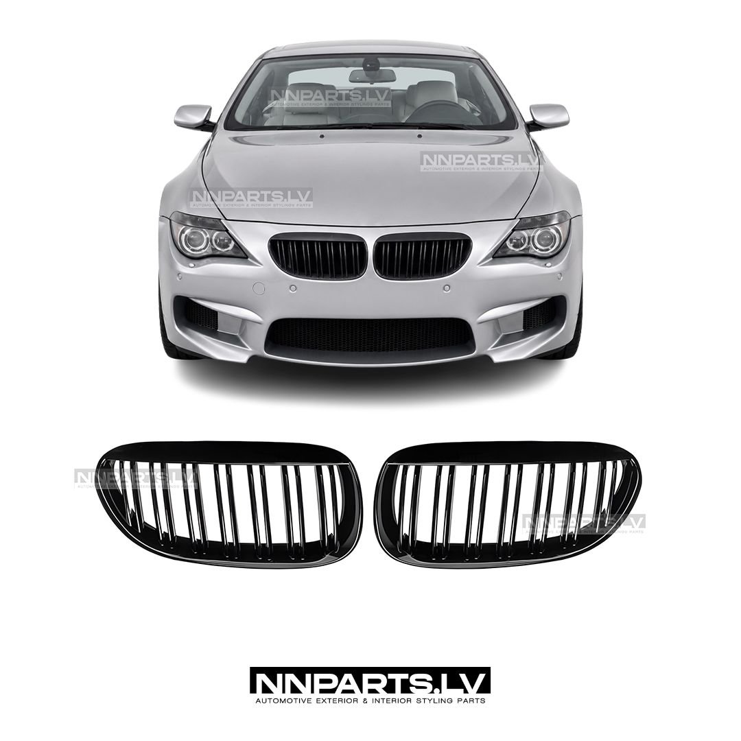 BMW E63 / E64 M Style priekšējās restes BMW E63 / E64 M Style priekšējās restes, dubultās nāsis, melnas, glancētas tuning detaļas priekš 6.sērija uz auto