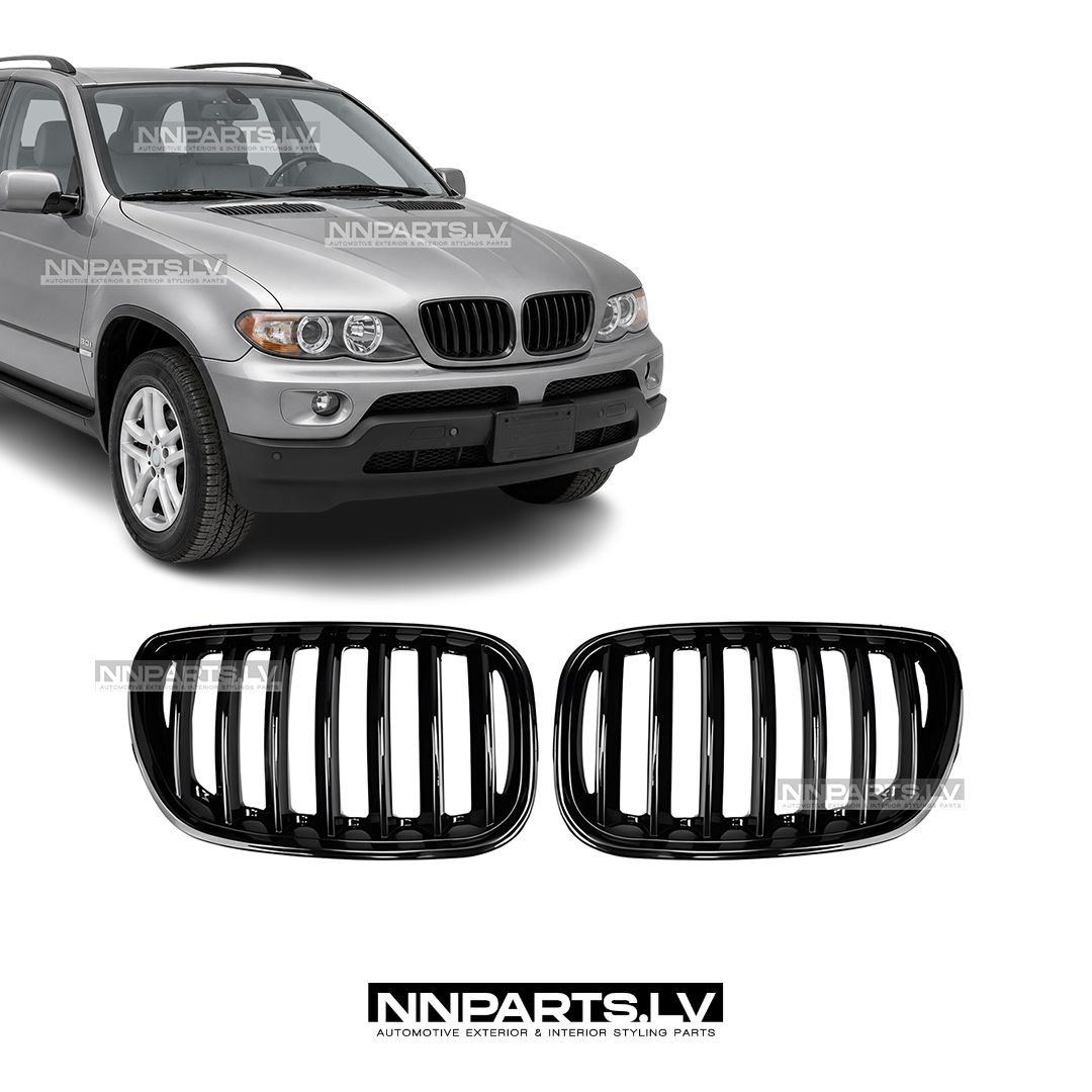 BMW X5 E53 LCI priekšējās restes, black gloss (04-06) BMW X5 E53 LCI priekšējās restes, black gloss (04-06), melnas, glancētas nāsis, tuning detaļas priekš bmw e53 uz auto