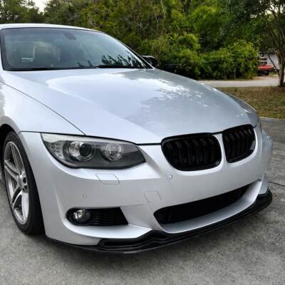 MP Style front bumper lip for BMW E92 / E93 LCI M Sport, black gloss tuning, styling parts for 3series coupe, cabrio from the right side on the car