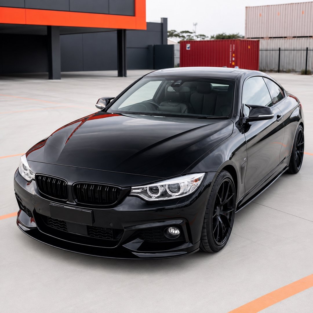 BMW F32 / F33 / F36 M Sport priekšējā bampera uzlika V2 BMW F32 / F33 / F36 M Sport priekšējā bampera uzlika V2, lūpa. spliteris, melna, glancēta tuning detaļas uz auto