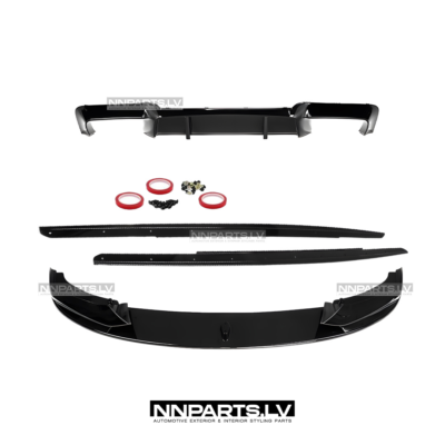 BMW F10 / F11 M Sport uzliku komplekts ar M5 Style diffuzoru V2, melnas, glancētas tuning, styling, performance detaļas, diffuzors, splitteris, lūpa, sliekšņu uzlikas pa vidu
