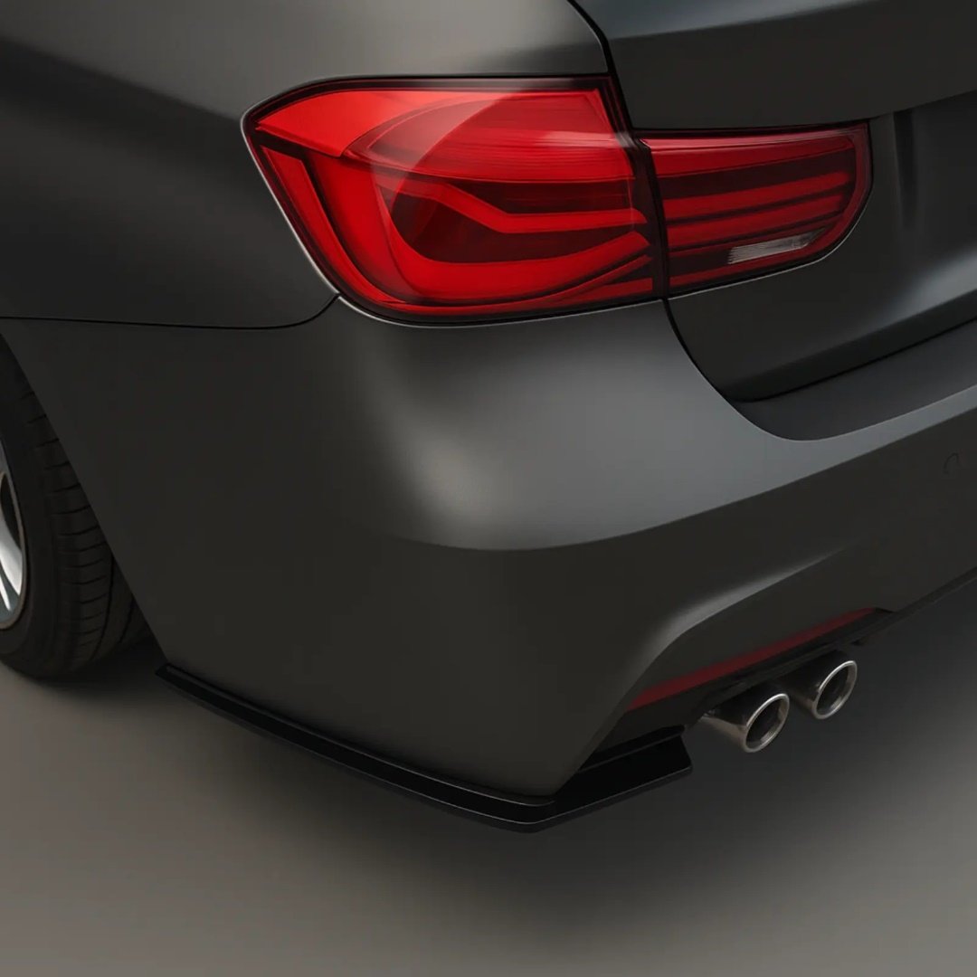 BMW F30 / F31 M Sport aizmugurējā bampera uzlikas BMW F30 / F31 M Sport aizmugurējā bampera uzlikas, melnas, glancētas, tuning detaļas priekš bmw uz auto pa kreisi